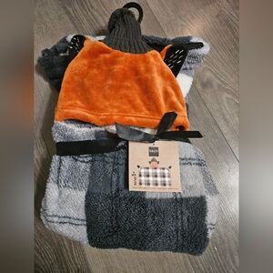 Kids Orange Fox Hooded Gray Plaid Plush Blanket -